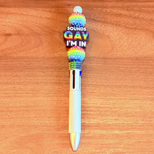 "Gay. I'm in." Beaded Rainbow Pride Pen