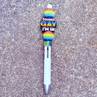 "Gay. I'm in." Beaded Rainbow Pride Pen