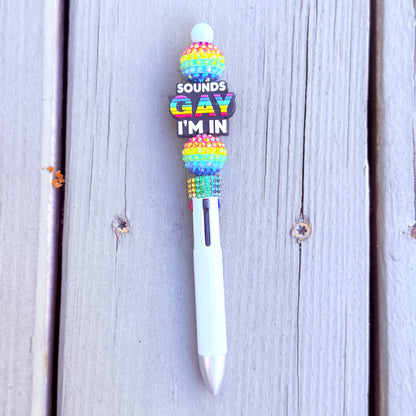 "Gay. I'm in." Beaded Rainbow Pride Pen