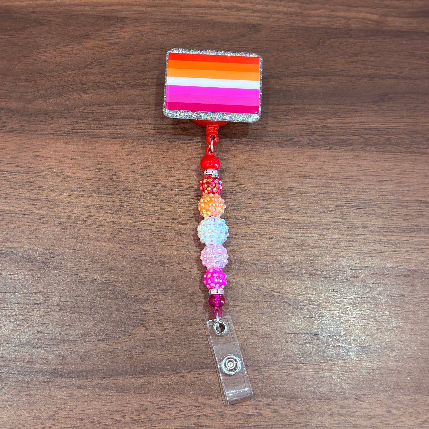 Lesbian Pride Acrylic Beaded Badge Reel - LGBT Interchangeable ID Clip