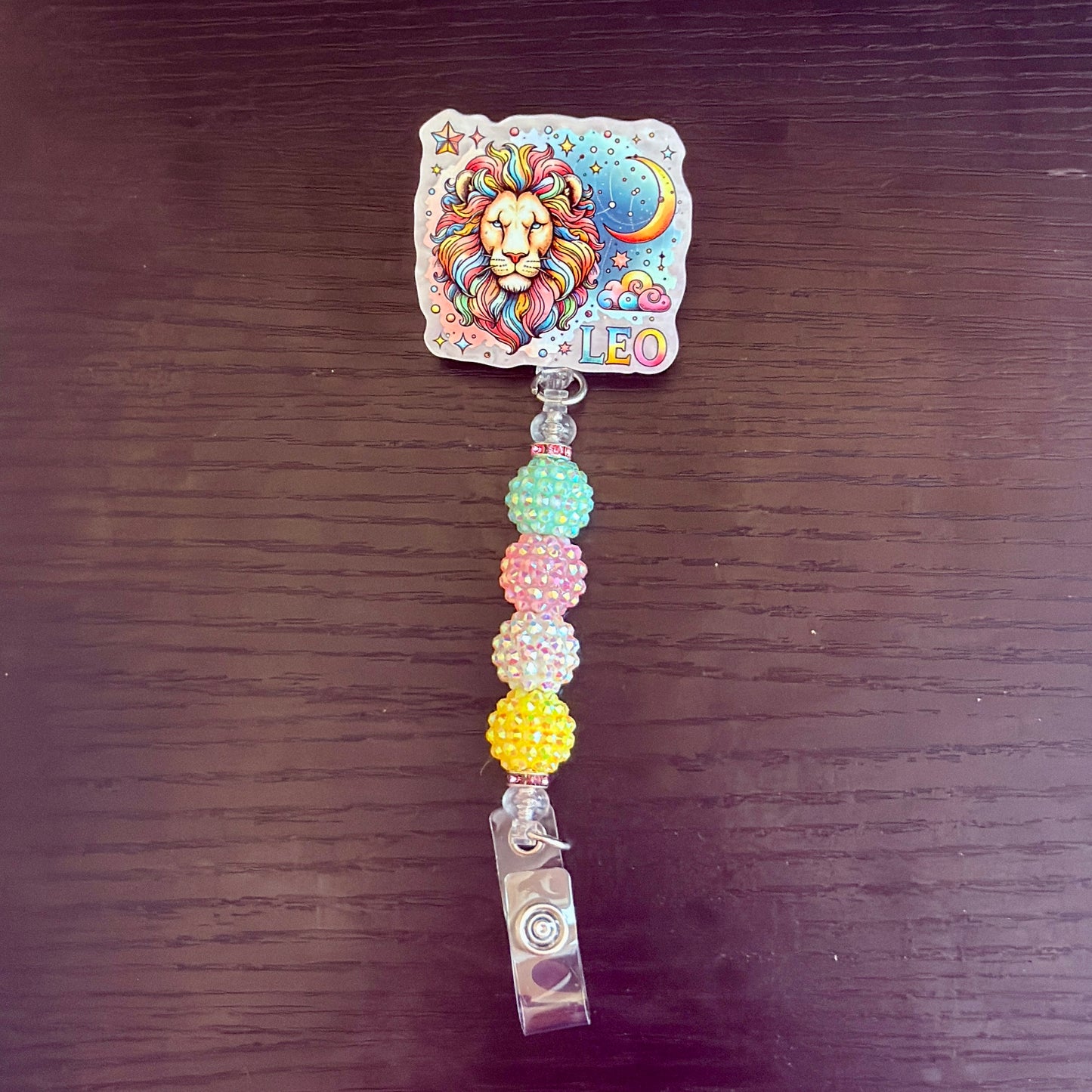 Leo Zodiac Rhinestone Badge Reel – Acrylic Beaded ID Holder | Swivel Alligator Clip | Retractable Nurse, Teacher & Office Badge Reel