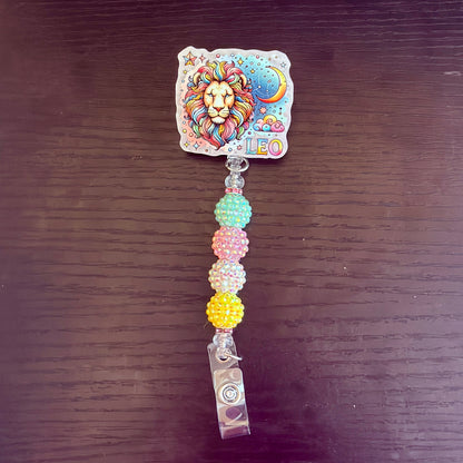 Leo Zodiac Rhinestone Badge Reel – Acrylic Beaded ID Holder | Swivel Alligator Clip | Retractable Nurse, Teacher & Office Badge Reel