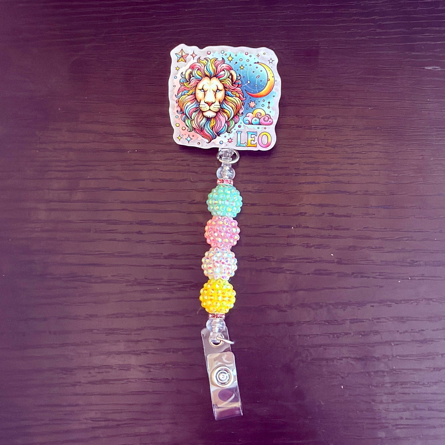 Leo Zodiac Rhinestone Badge Reel – Acrylic Beaded ID Holder | Swivel Alligator Clip | Retractable Nurse, Teacher & Office Badge Reel