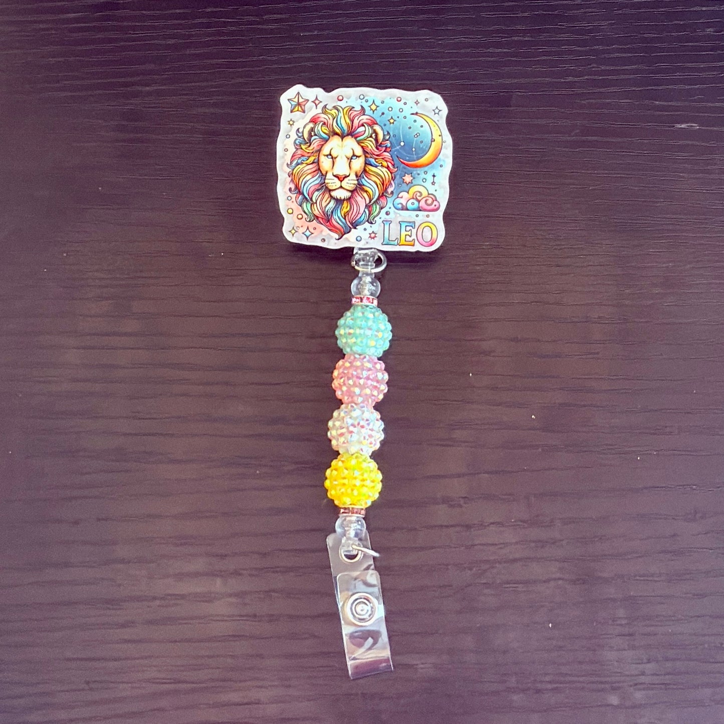 Leo Zodiac Rhinestone Badge Reel – Acrylic Beaded ID Holder | Swivel Alligator Clip | Retractable Nurse, Teacher & Office Badge Reel