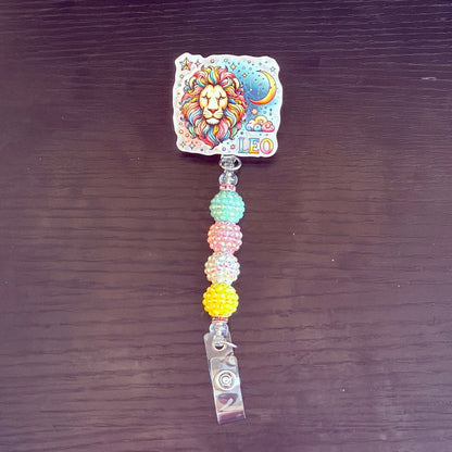 Leo Zodiac Rhinestone Badge Reel – Acrylic Beaded ID Holder | Swivel Alligator Clip | Retractable Nurse, Teacher & Office Badge Reel