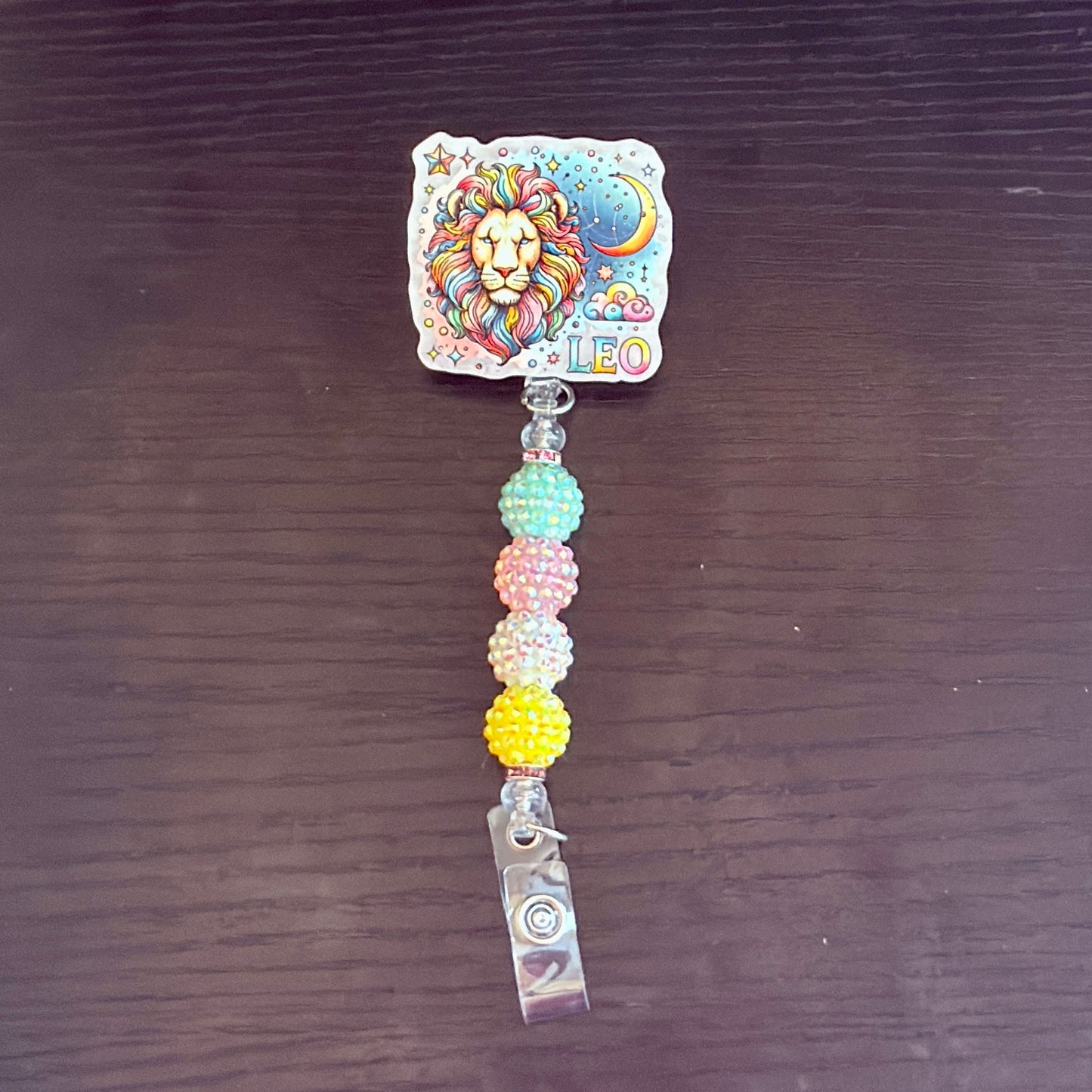 Leo Zodiac Rhinestone Badge Reel – Acrylic Beaded ID Holder | Swivel Alligator Clip | Retractable Nurse, Teacher & Office Badge Reel
