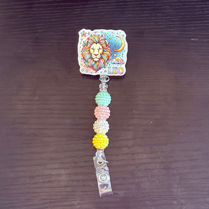Leo Zodiac Rhinestone Badge Reel – Acrylic Beaded ID Holder | Swivel Alligator Clip | Retractable Nurse, Teacher & Office Badge Reel