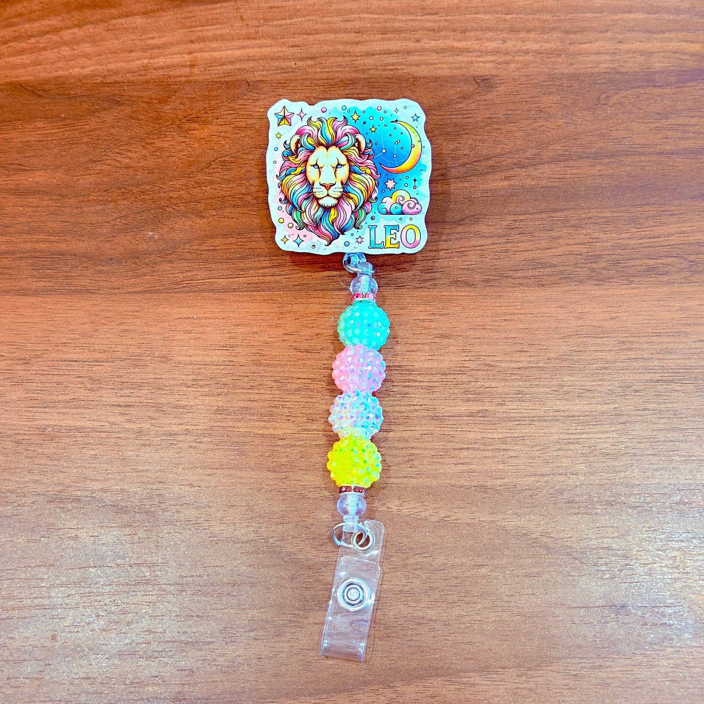 Leo Zodiac Rhinestone Badge Reel – Acrylic Beaded ID Holder | Swivel Alligator Clip | Retractable Nurse, Teacher & Office Badge Reel