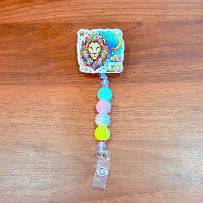 Leo Zodiac Rhinestone Badge Reel – Acrylic Beaded ID Holder | Swivel Alligator Clip | Retractable Nurse, Teacher & Office Badge Reel