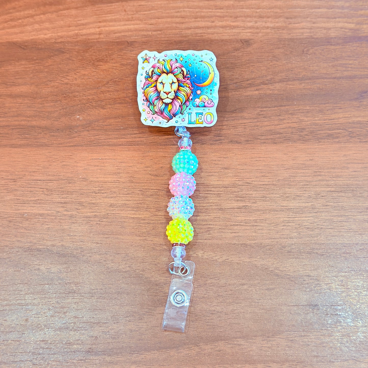 Leo Zodiac Rhinestone Badge Reel – Acrylic Beaded ID Holder | Swivel Alligator Clip | Retractable Nurse, Teacher & Office Badge Reel