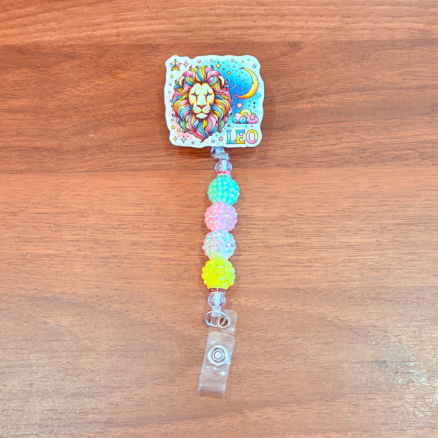 Leo Zodiac Rhinestone Badge Reel – Acrylic Beaded ID Holder | Swivel Alligator Clip | Retractable Nurse, Teacher & Office Badge Reel