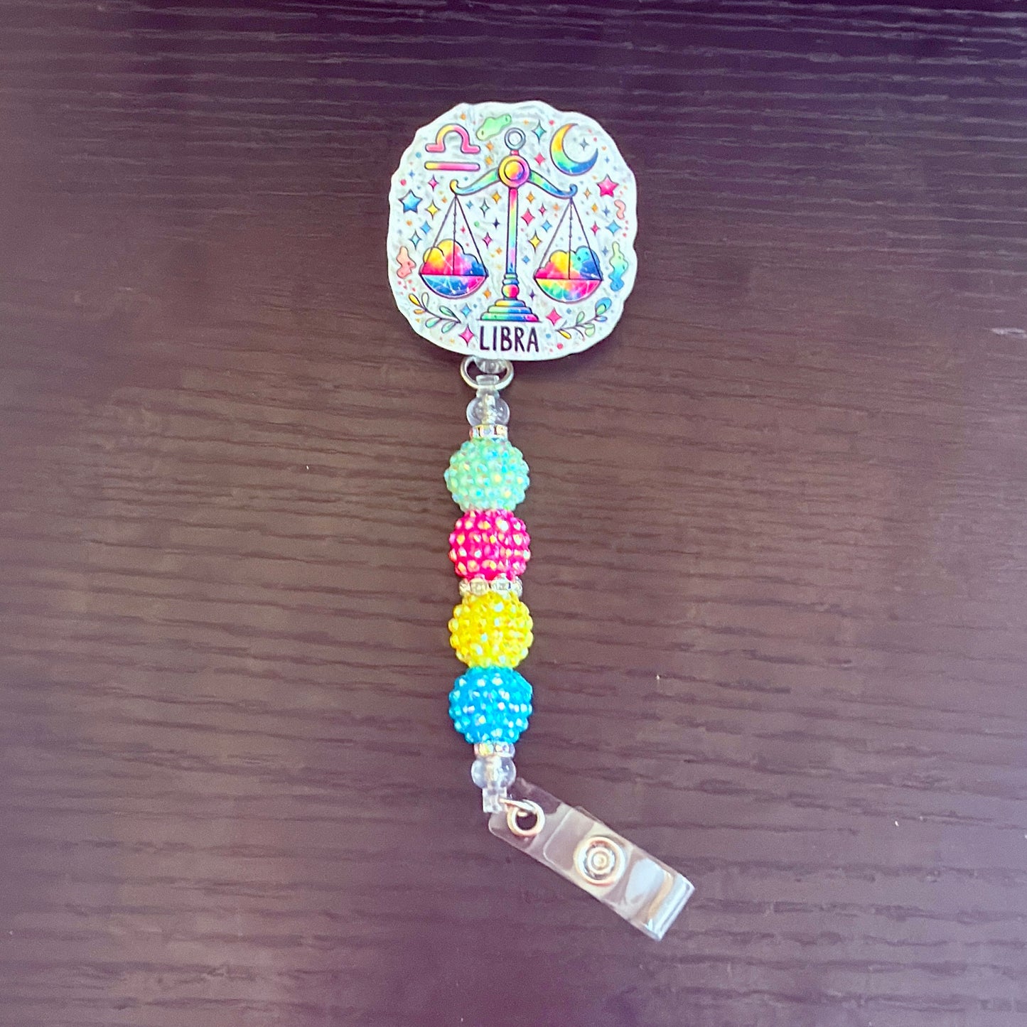 Libra Zodiac Rhinestone Badge Reel – Acrylic Beaded ID Holder | Swivel Alligator Clip | Retractable Nurse, Teacher & Office Badge Reel