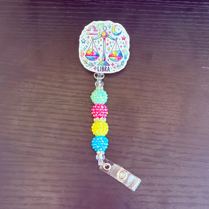Libra Zodiac Rhinestone Badge Reel – Acrylic Beaded ID Holder | Swivel Alligator Clip | Retractable Nurse, Teacher & Office Badge Reel
