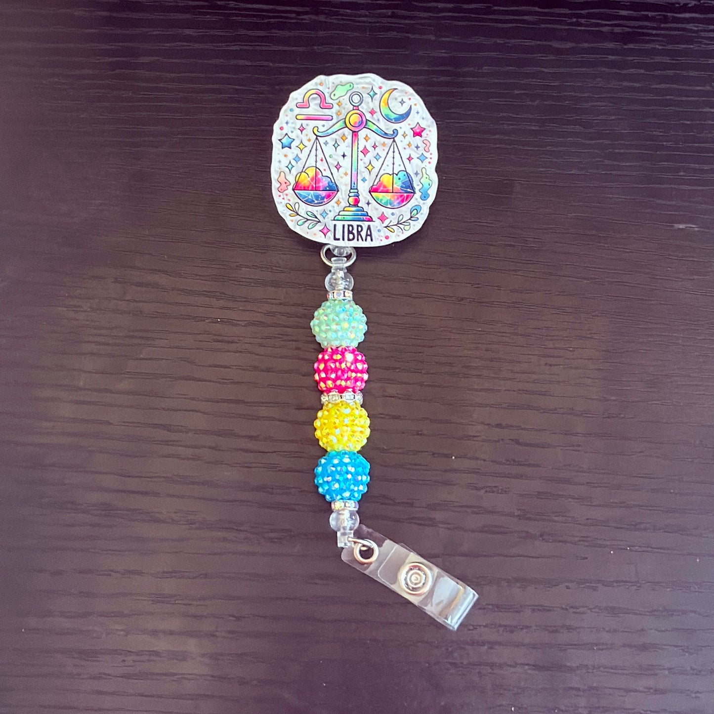Libra Zodiac Rhinestone Badge Reel – Acrylic Beaded ID Holder | Swivel Alligator Clip | Retractable Nurse, Teacher & Office Badge Reel