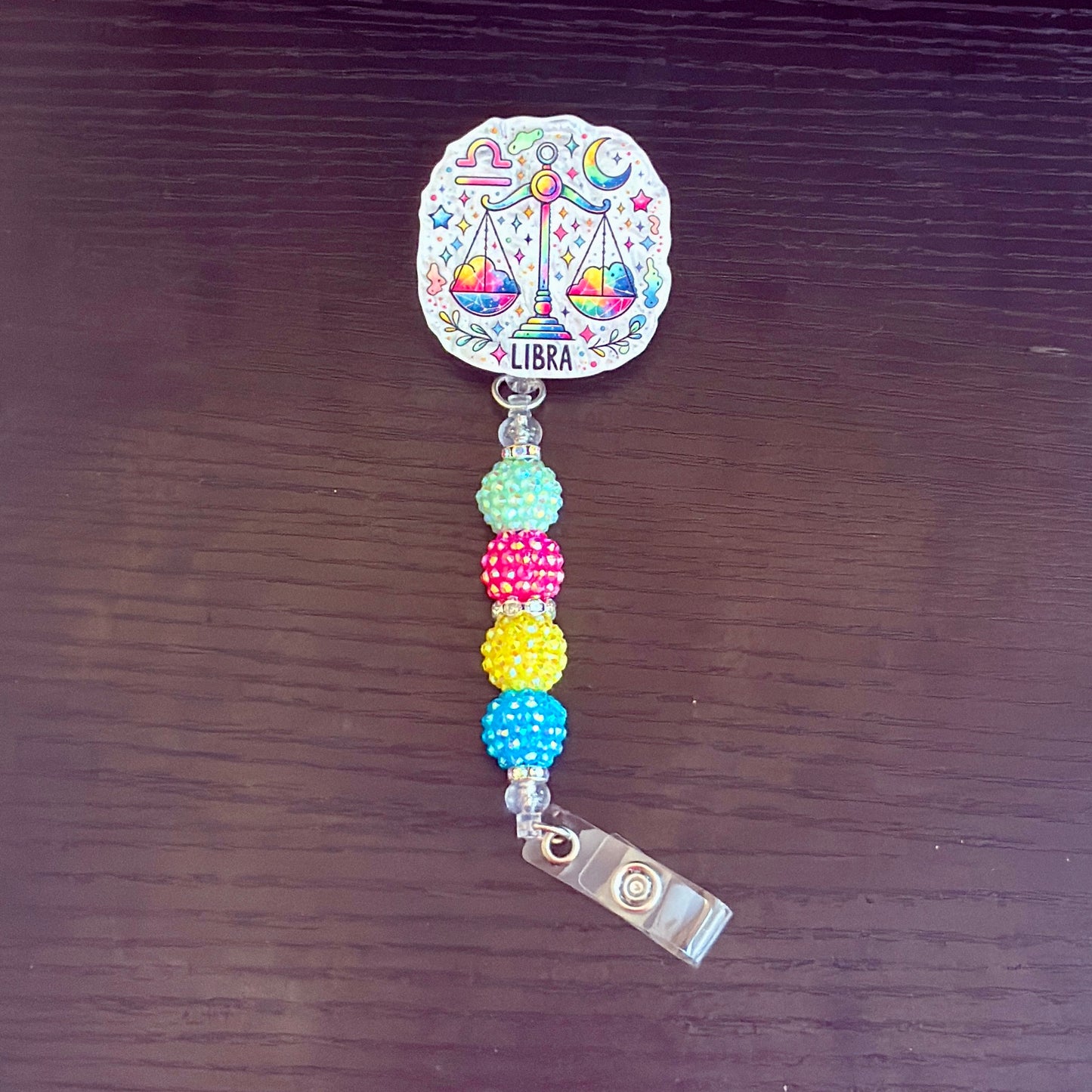 Libra Zodiac Rhinestone Badge Reel – Acrylic Beaded ID Holder | Swivel Alligator Clip | Retractable Nurse, Teacher & Office Badge Reel