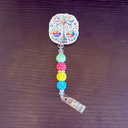 Libra Zodiac Rhinestone Badge Reel – Acrylic Beaded ID Holder | Swivel Alligator Clip | Retractable Nurse, Teacher & Office Badge Reel