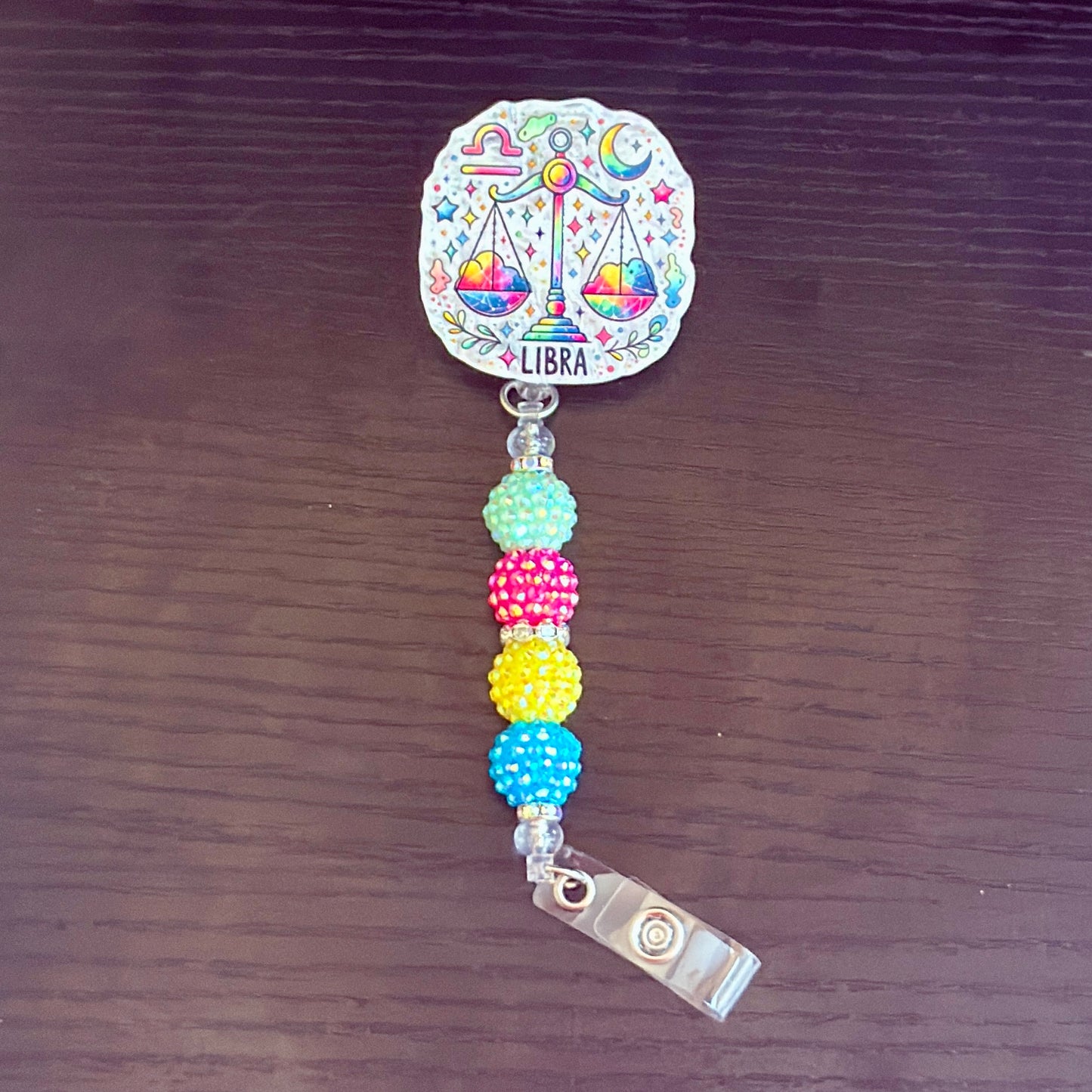Libra Zodiac Rhinestone Badge Reel – Acrylic Beaded ID Holder | Swivel Alligator Clip | Retractable Nurse, Teacher & Office Badge Reel