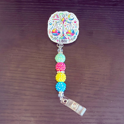 Libra Zodiac Rhinestone Badge Reel – Acrylic Beaded ID Holder | Swivel Alligator Clip | Retractable Nurse, Teacher & Office Badge Reel