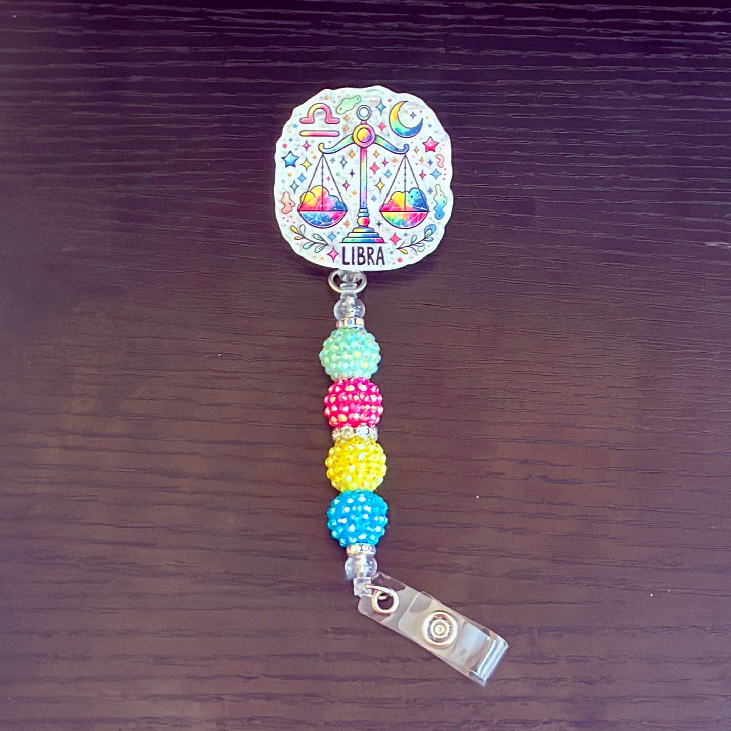 Libra Zodiac Rhinestone Badge Reel – Acrylic Beaded ID Holder | Swivel Alligator Clip | Retractable Nurse, Teacher & Office Badge Reel