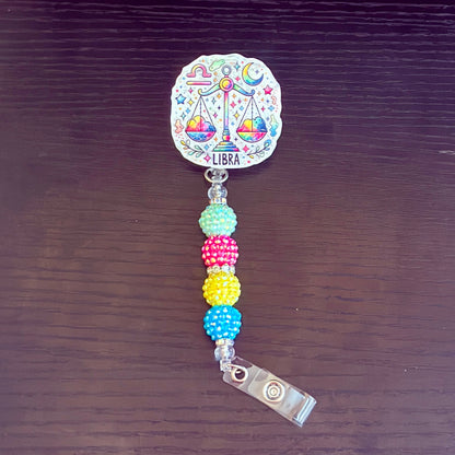 Libra Zodiac Rhinestone Badge Reel – Acrylic Beaded ID Holder | Swivel Alligator Clip | Retractable Nurse, Teacher & Office Badge Reel