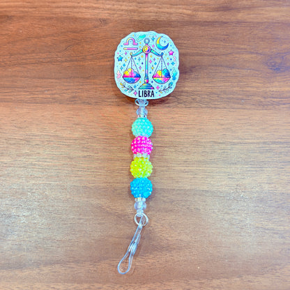 Libra Zodiac Rhinestone Badge Reel – Acrylic Beaded ID Holder | Swivel Alligator Clip | Retractable Nurse, Teacher & Office Badge Reel