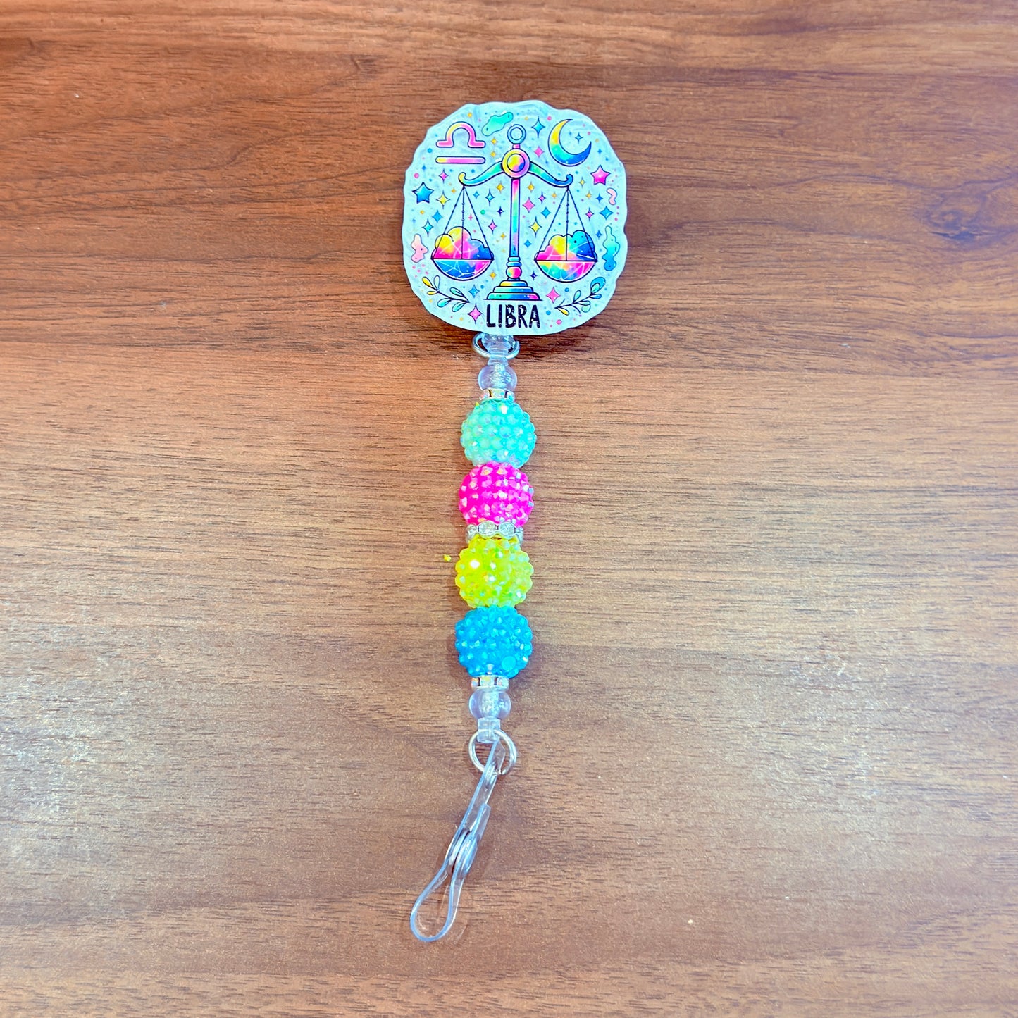 Libra Zodiac Rhinestone Badge Reel – Acrylic Beaded ID Holder | Swivel Alligator Clip | Retractable Nurse, Teacher & Office Badge Reel