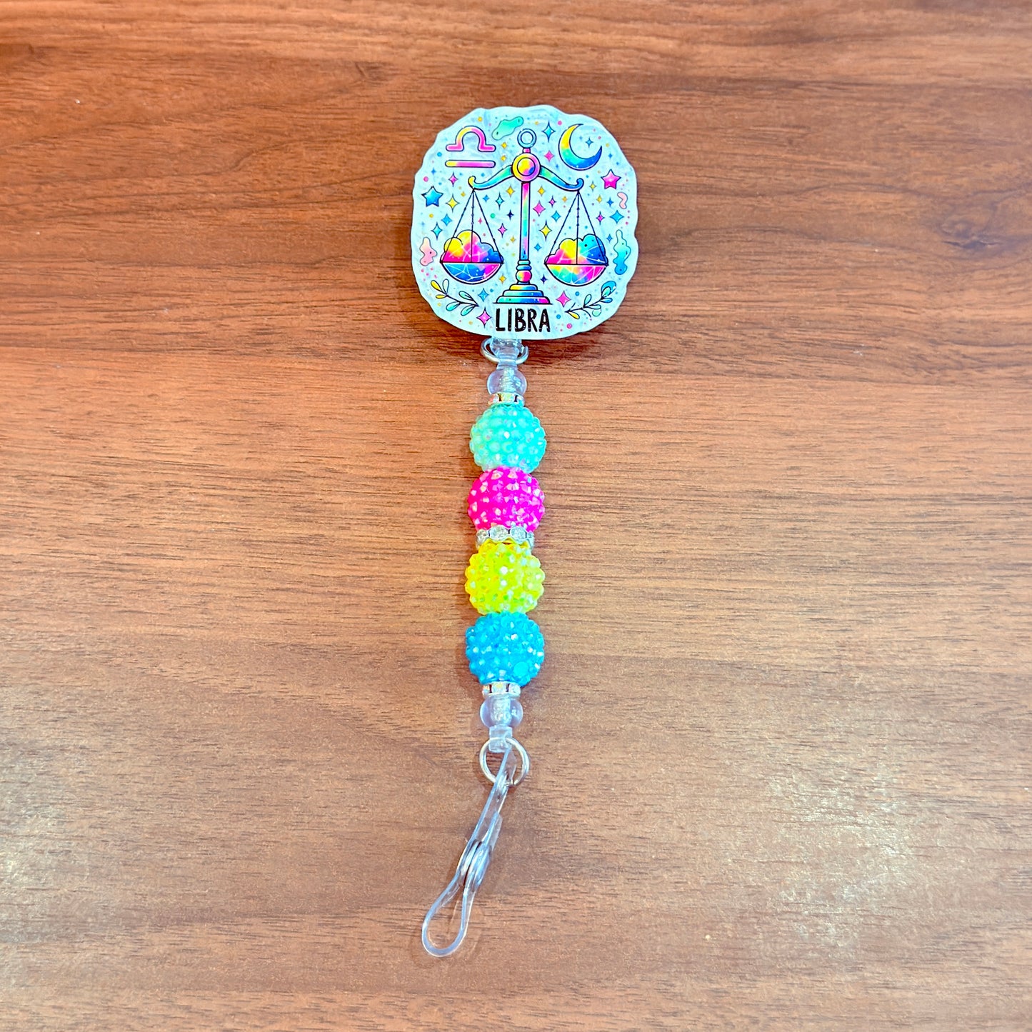 Libra Zodiac Rhinestone Badge Reel – Acrylic Beaded ID Holder | Swivel Alligator Clip | Retractable Nurse, Teacher & Office Badge Reel
