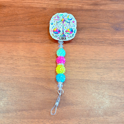 Libra Zodiac Rhinestone Badge Reel – Acrylic Beaded ID Holder | Swivel Alligator Clip | Retractable Nurse, Teacher & Office Badge Reel