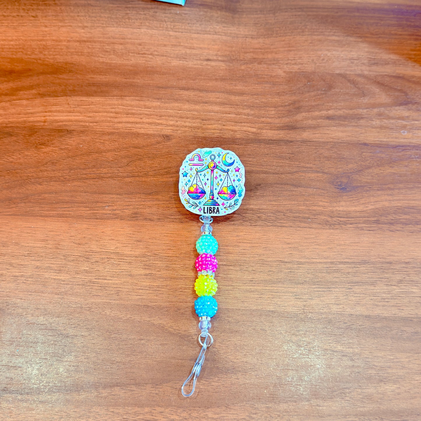 Libra Zodiac Rhinestone Badge Reel – Acrylic Beaded ID Holder | Swivel Alligator Clip | Retractable Nurse, Teacher & Office Badge Reel