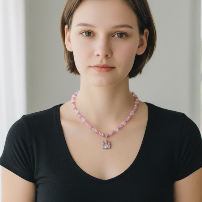 Princess Beaded Rose Quartz and Jasper Necklace with Enamel Castle Pendant