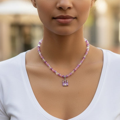 Princess Beaded Rose Quartz and Jasper Necklace with Enamel Castle Pendant