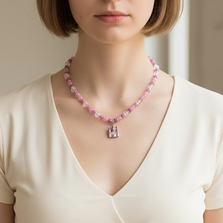 Princess Beaded Rose Quartz and Jasper Necklace with Enamel Castle Pendant