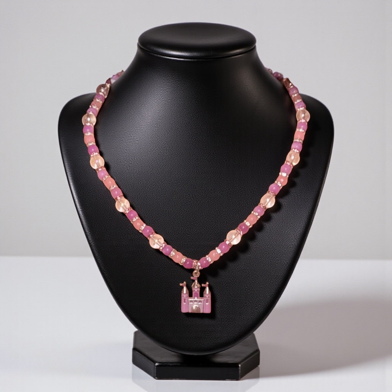 Princess Beaded Rose Quartz and Jasper Necklace with Enamel Castle Pendant