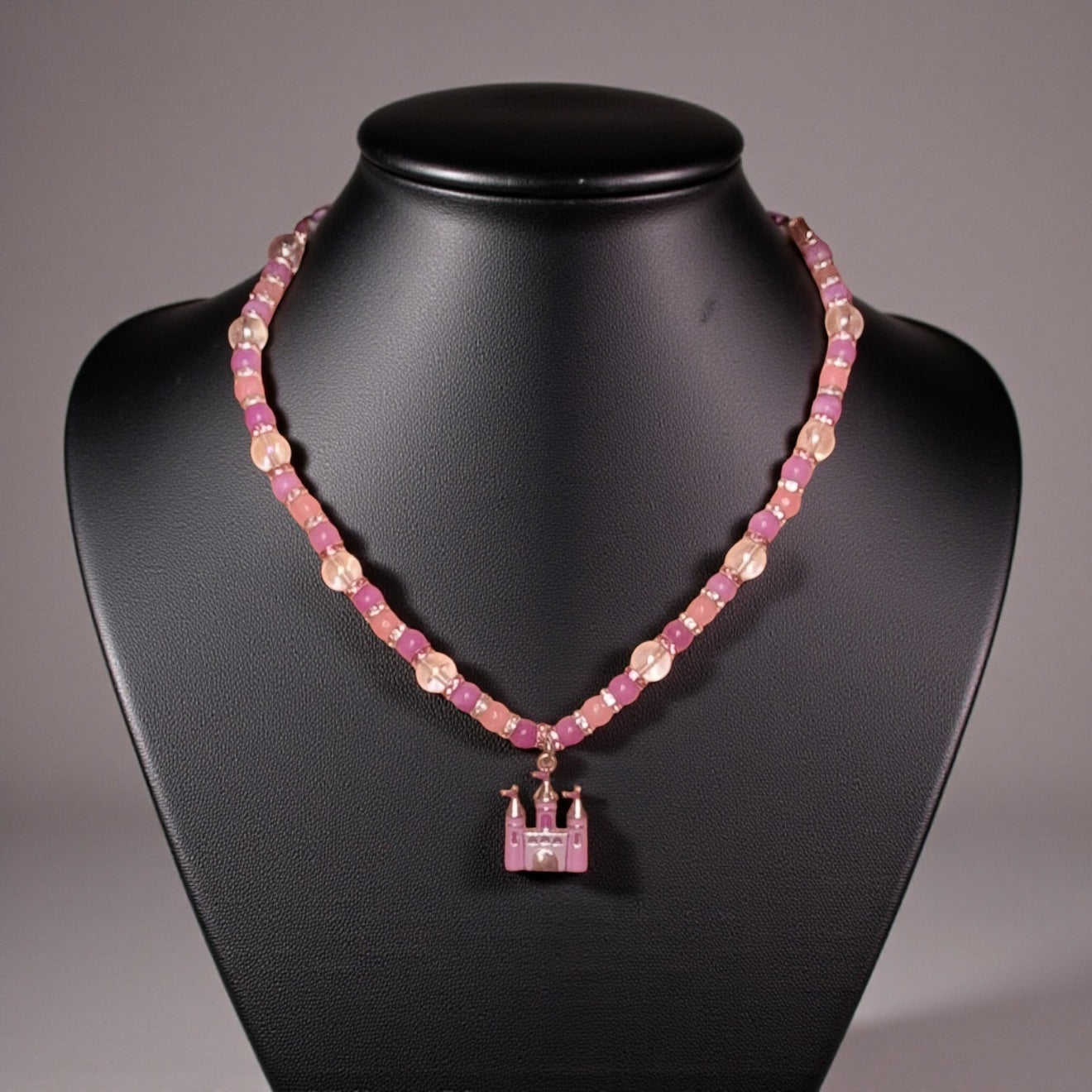 Princess Beaded Rose Quartz and Jasper Necklace with Enamel Castle Pendant
