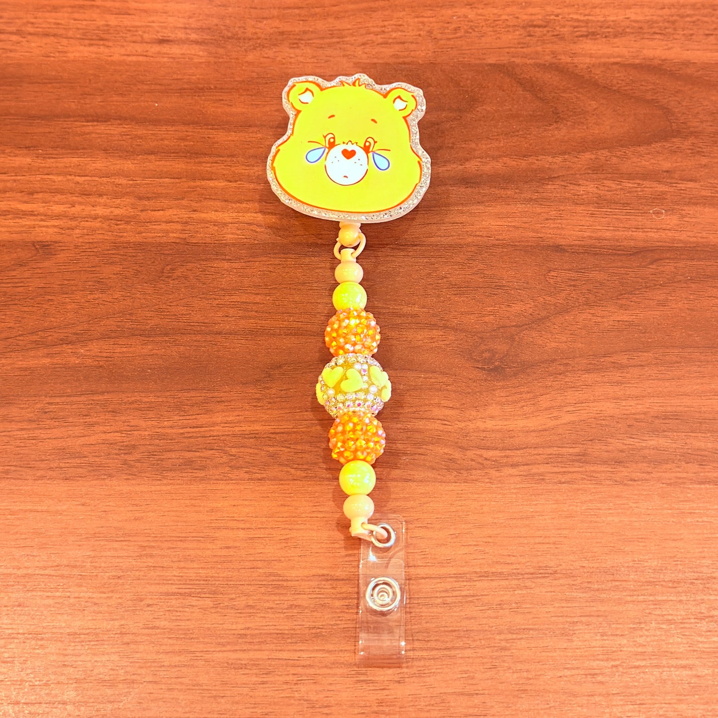 Orange Happy Bear Interchangeable Beaded Badge Reel, Emoji ID Holder, Rhinestone Acrylic Beads (Copy)