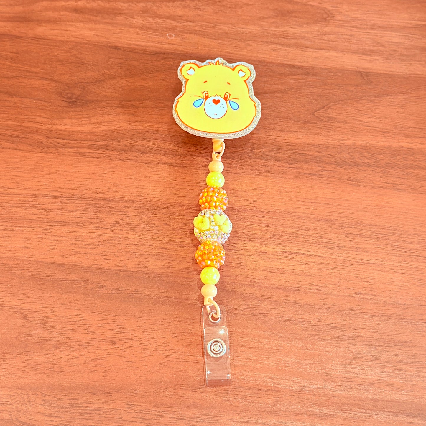Orange Happy Bear Interchangeable Beaded Badge Reel, Emoji ID Holder, Rhinestone Acrylic Beads (Copy)
