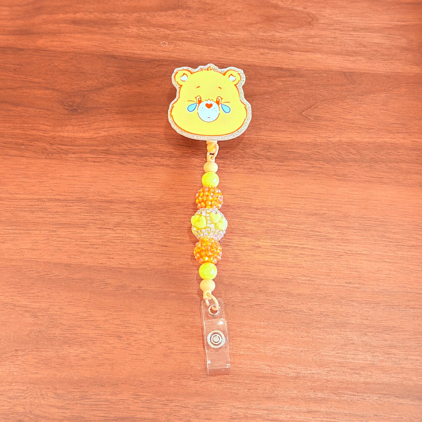 Orange Happy Bear Interchangeable Beaded Badge Reel, Emoji ID Holder, Rhinestone Acrylic Beads (Copy)