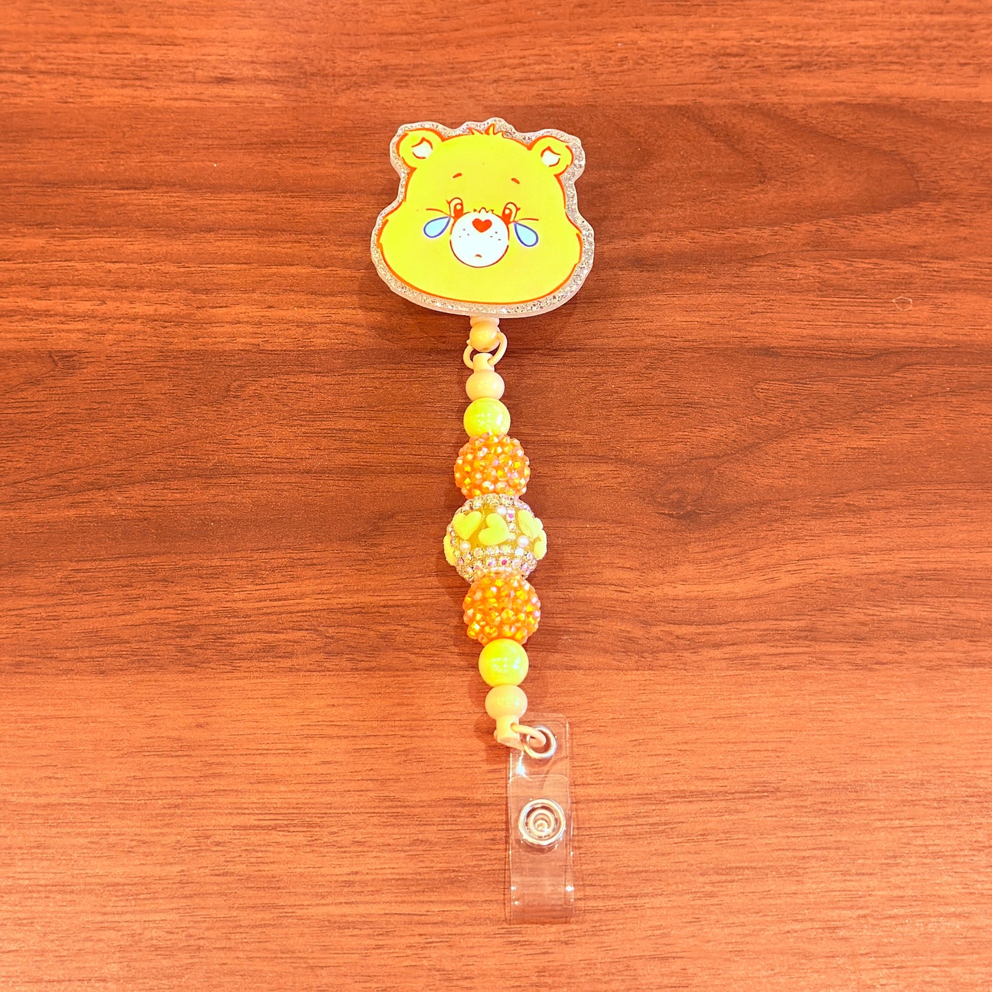 Orange Happy Bear Interchangeable Beaded Badge Reel, Emoji ID Holder, Rhinestone Acrylic Beads (Copy)