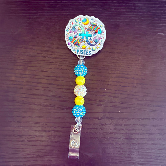 Pisces Zodiac Rhinestone Badge Reel – Acrylic Beaded ID Holder | Swivel Alligator Clip | Retractable Nurse, Teacher & Office Badge Reel