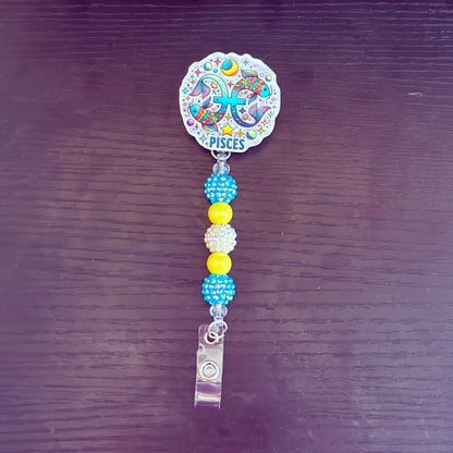 Pisces Zodiac Rhinestone Badge Reel – Acrylic Beaded ID Holder | Swivel Alligator Clip | Retractable Nurse, Teacher & Office Badge Reel
