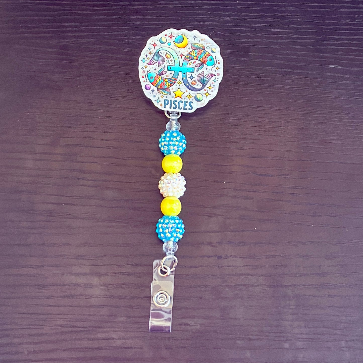 Pisces Zodiac Rhinestone Badge Reel – Acrylic Beaded ID Holder | Swivel Alligator Clip | Retractable Nurse, Teacher & Office Badge Reel