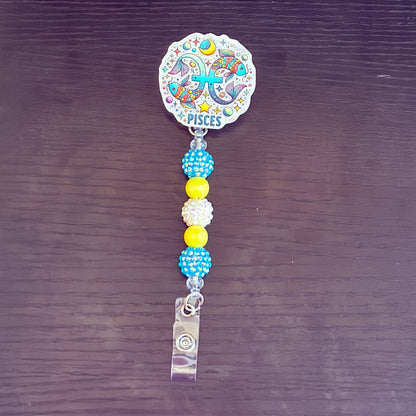 Pisces Zodiac Rhinestone Badge Reel – Acrylic Beaded ID Holder | Swivel Alligator Clip | Retractable Nurse, Teacher & Office Badge Reel