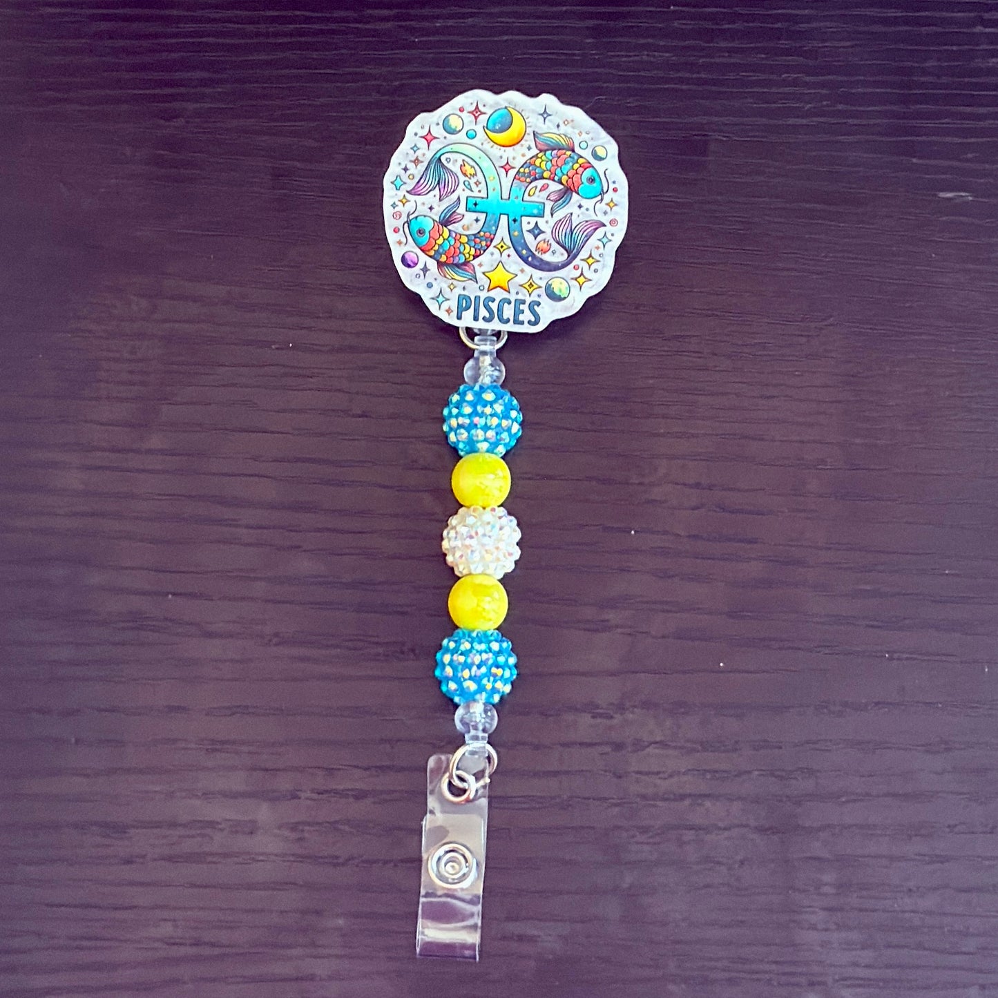 Pisces Zodiac Rhinestone Badge Reel – Acrylic Beaded ID Holder | Swivel Alligator Clip | Retractable Nurse, Teacher & Office Badge Reel