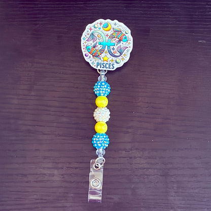Pisces Zodiac Rhinestone Badge Reel – Acrylic Beaded ID Holder | Swivel Alligator Clip | Retractable Nurse, Teacher & Office Badge Reel