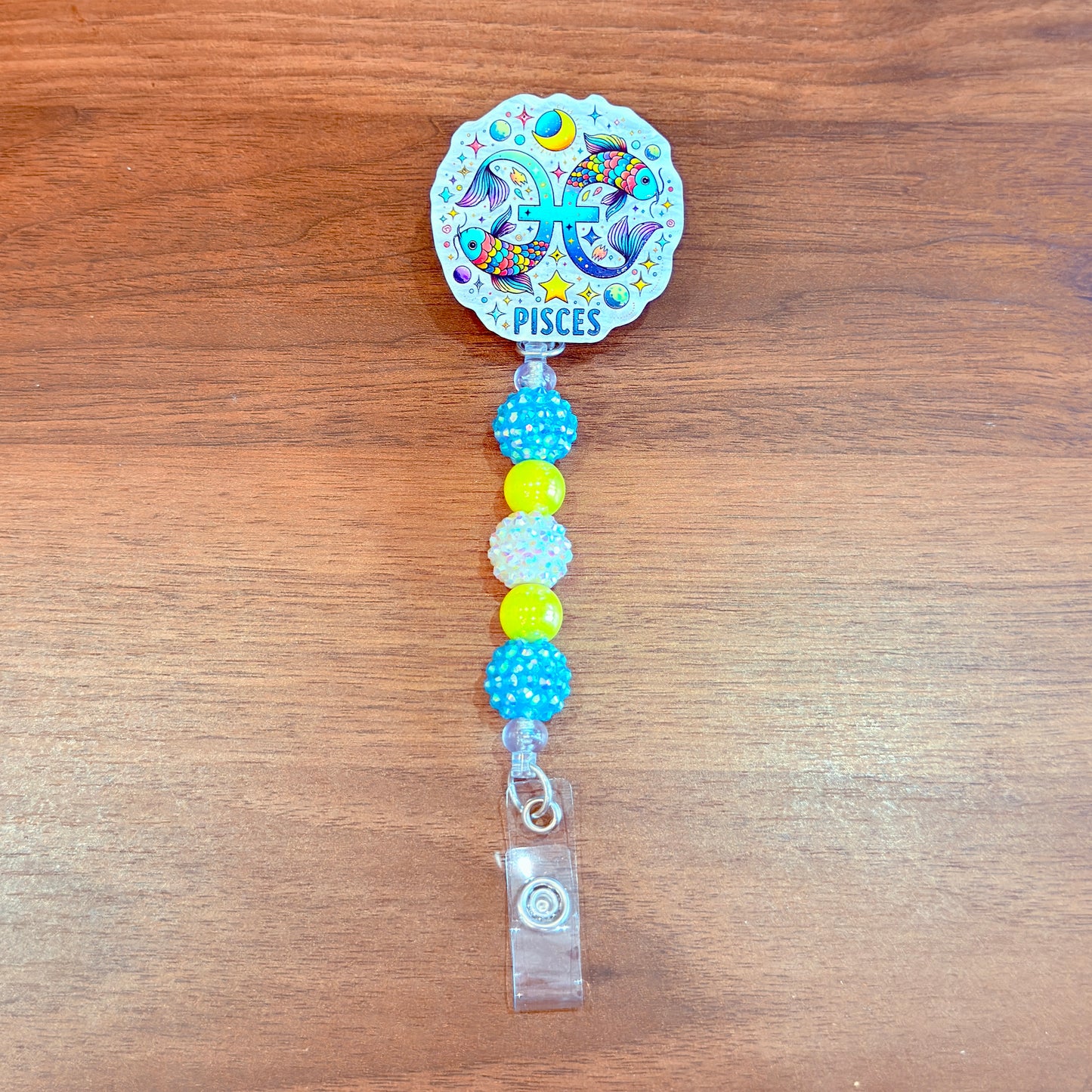 Pisces Zodiac Rhinestone Badge Reel – Acrylic Beaded ID Holder | Swivel Alligator Clip | Retractable Nurse, Teacher & Office Badge Reel