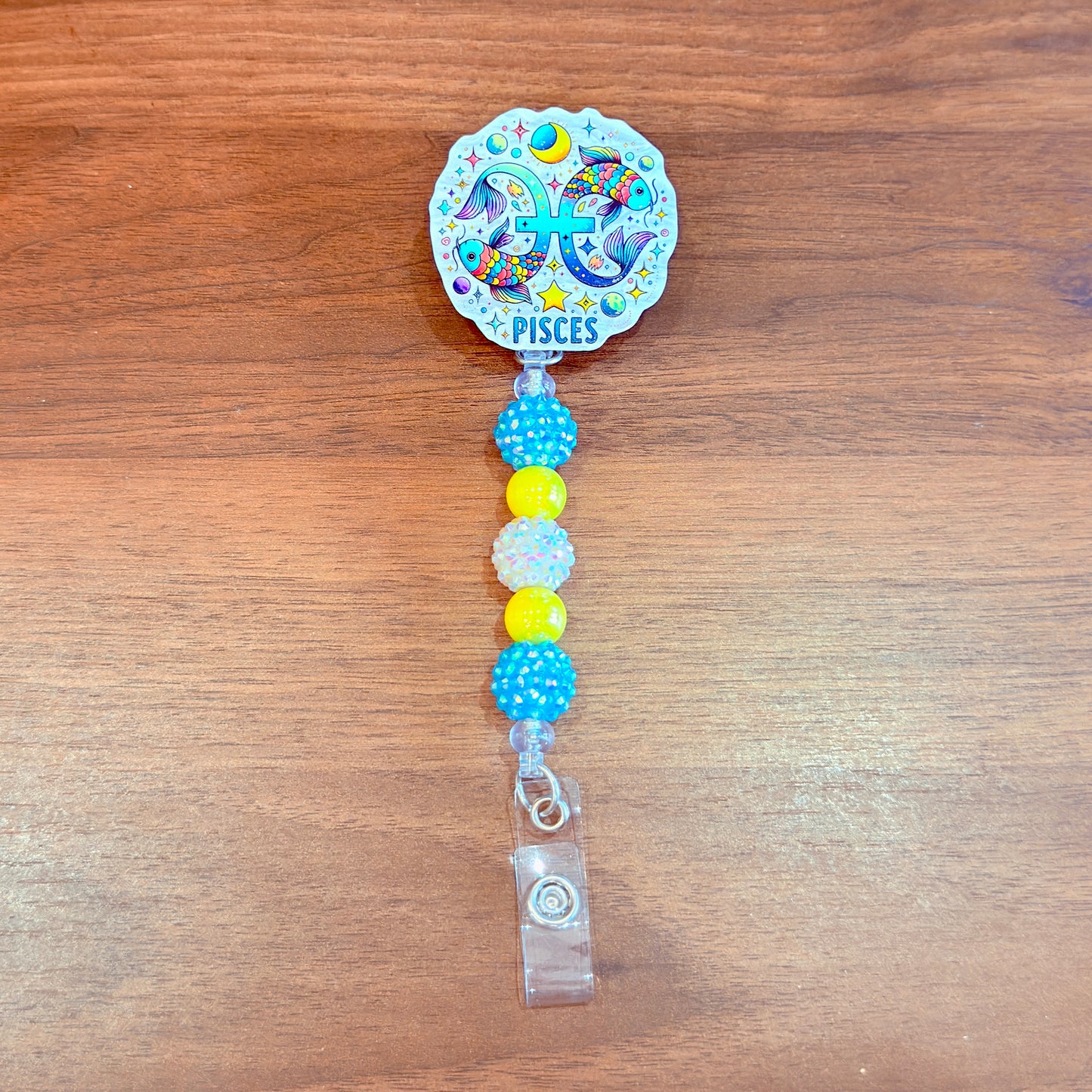 Pisces Zodiac Rhinestone Badge Reel – Acrylic Beaded ID Holder | Swivel Alligator Clip | Retractable Nurse, Teacher & Office Badge Reel