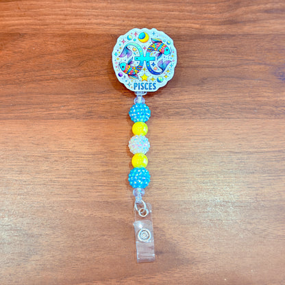 Pisces Zodiac Rhinestone Badge Reel – Acrylic Beaded ID Holder | Swivel Alligator Clip | Retractable Nurse, Teacher & Office Badge Reel