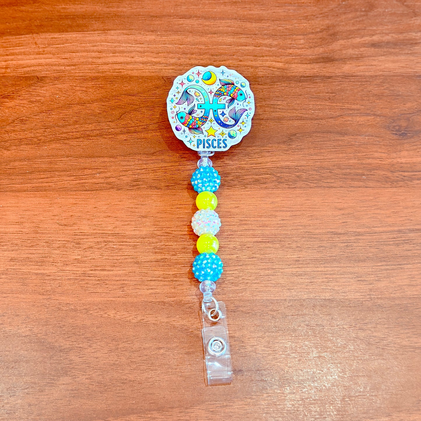 Pisces Zodiac Rhinestone Badge Reel – Acrylic Beaded ID Holder | Swivel Alligator Clip | Retractable Nurse, Teacher & Office Badge Reel