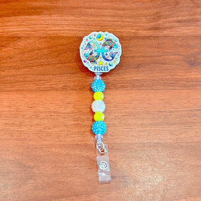 Pisces Zodiac Rhinestone Badge Reel – Acrylic Beaded ID Holder | Swivel Alligator Clip | Retractable Nurse, Teacher & Office Badge Reel