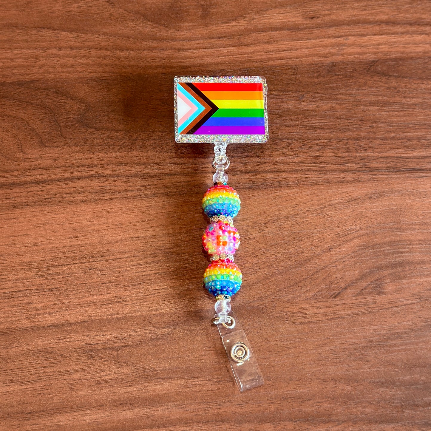 Rainbow Progress Pride Acrylic Beaded Badge Reel - LGBT Interchangeable ID Clip